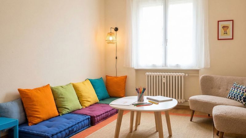 Dziecko rozmawia z psychologiem w przyjaznym, kolorowym gabinecie