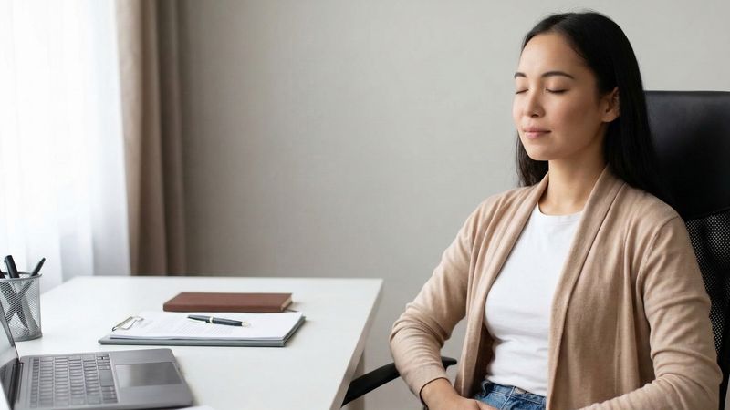 Osoba siedzi przy biurku i oddycha spokojnie – moment relaksu podczas pracy